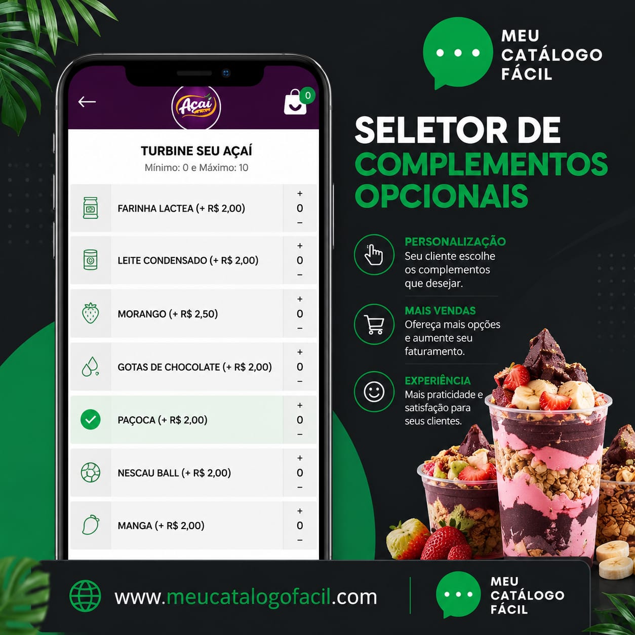 Seletor de complementos opcionais